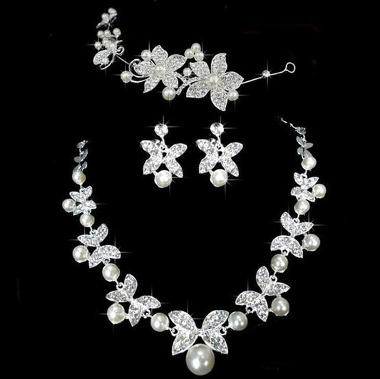 Butterfly Bridal Jewelry Set Chain Pearl Jewelry Three Piece Bridal Soft Chain Headdress Bridal Jewelry Set - Novaluxe
